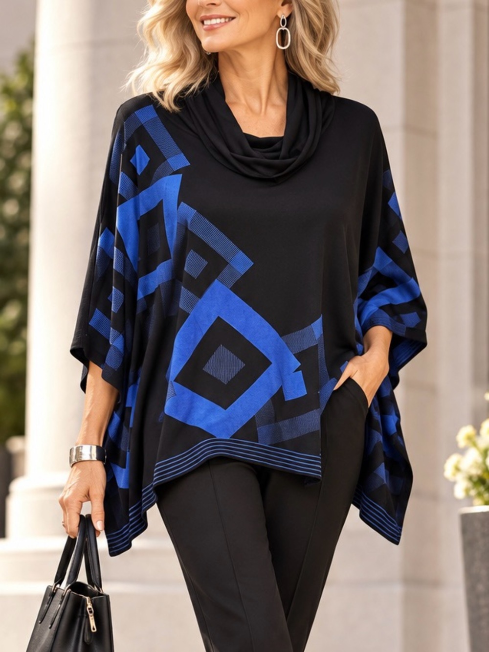 Joseph Ribkoff Navy Blue Geometric Print Jersey Knit Cowl Neck Poncho One Size